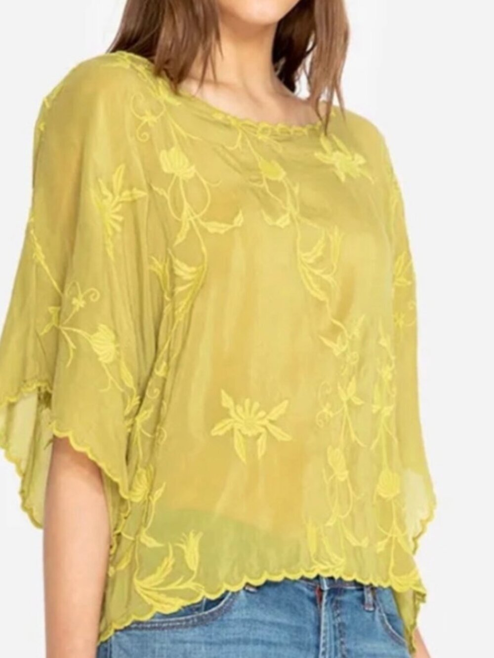 Johnny Was Vine Embroidered Blouse Yellow Gold Size XL Boho Chic Designer Top